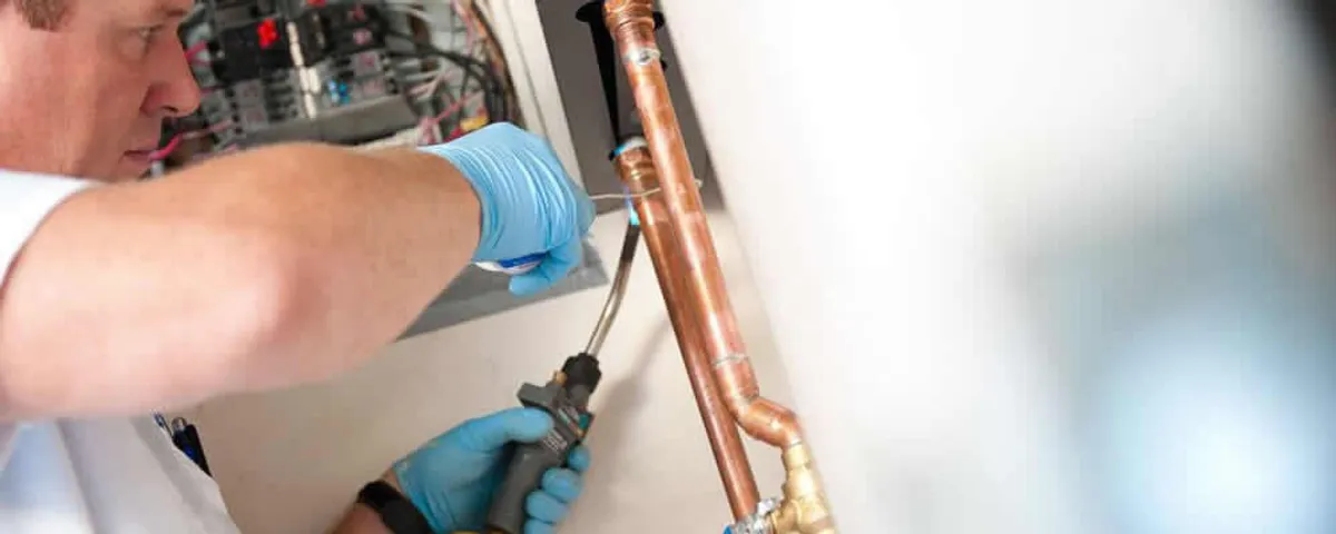 Water heater repair technician testing copper pipe connections and controls in Naperville, IL